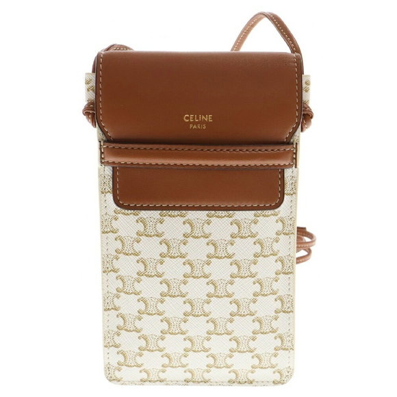Celine White Brown Flap Bag Mobile Lambskin Shoulder Triomphe - Picture 1 of 6